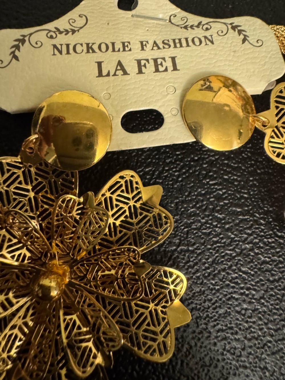 Gold Floral Filigree Necklace Pierced Earrings Set - Picture 10 of 10